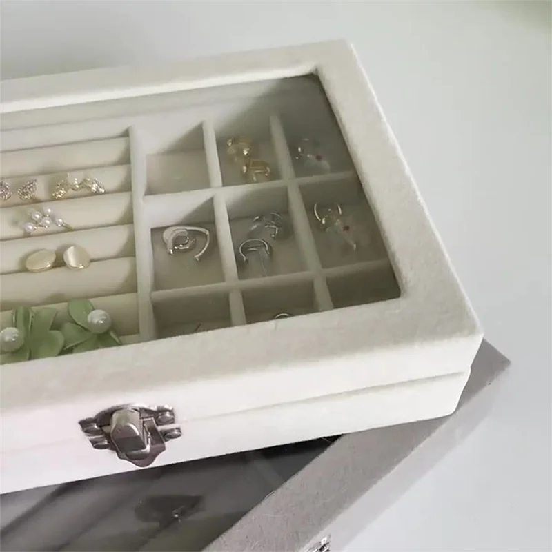 2Pcs Transparent Velvet Jewelry Storage Box with Lock Necklace Earrings Organizer Holder Display Box for Jewelry Classification