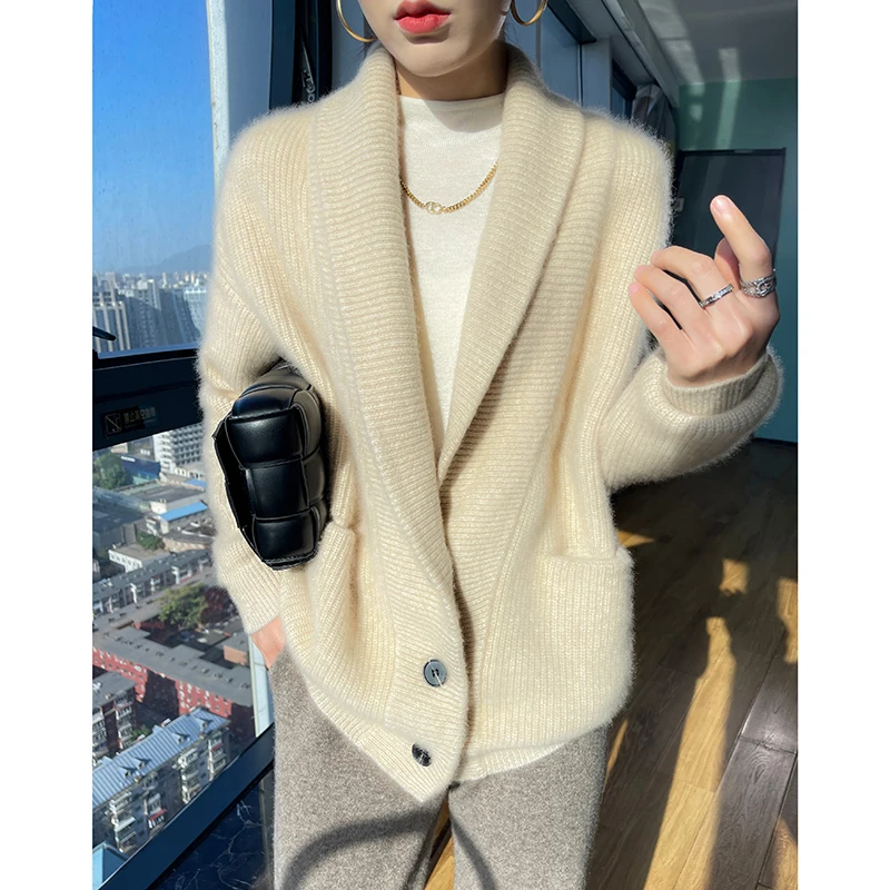 French Fashion Sweater Jacket For Women\'s Autumn Winter Long Sleeved Solid Color Thickened 100% Merino Wool Knitted Cardigan