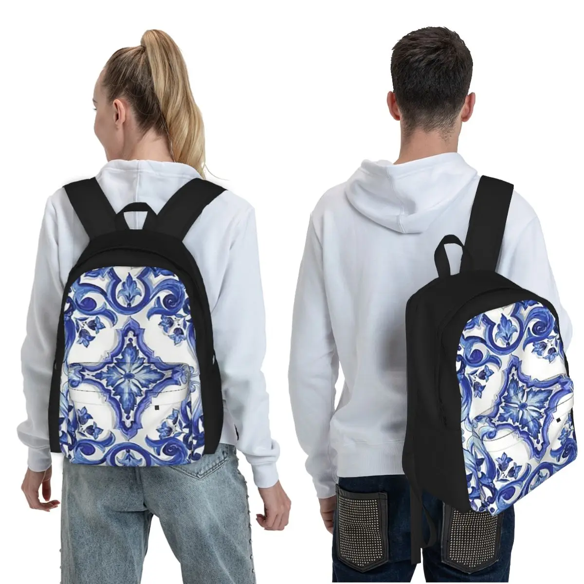 Blue Ornate Floral Mediterranean Sicilian Tile Student Backpack School Bag for Boys Girls Fashion Bookbag Shoulder Bags