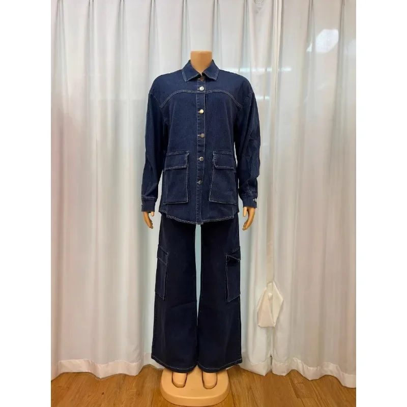 تخصيص جينز غير رسمي قطعتين مجموعة النساء الدنيم بانت الدعاوى Bodycon رياضية رفض طوق كم طويل مجموعات علوية Vestidos 20
