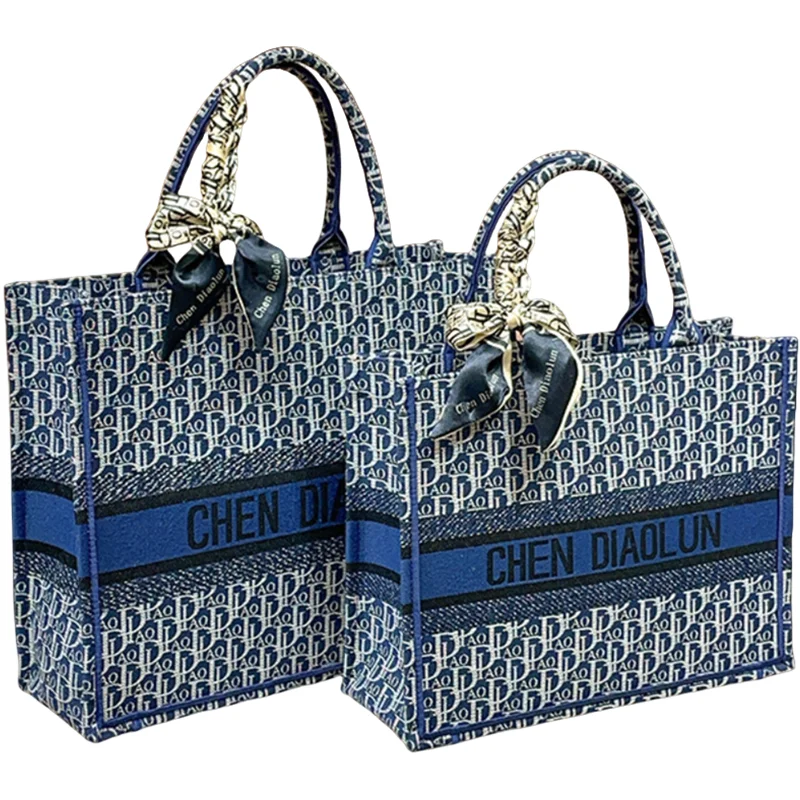 New High-Level Sense Of Fashion Light Luxury Tote Bag Denim Blue Embroidery Commuter Bag Large Capacity Commuter Handbag