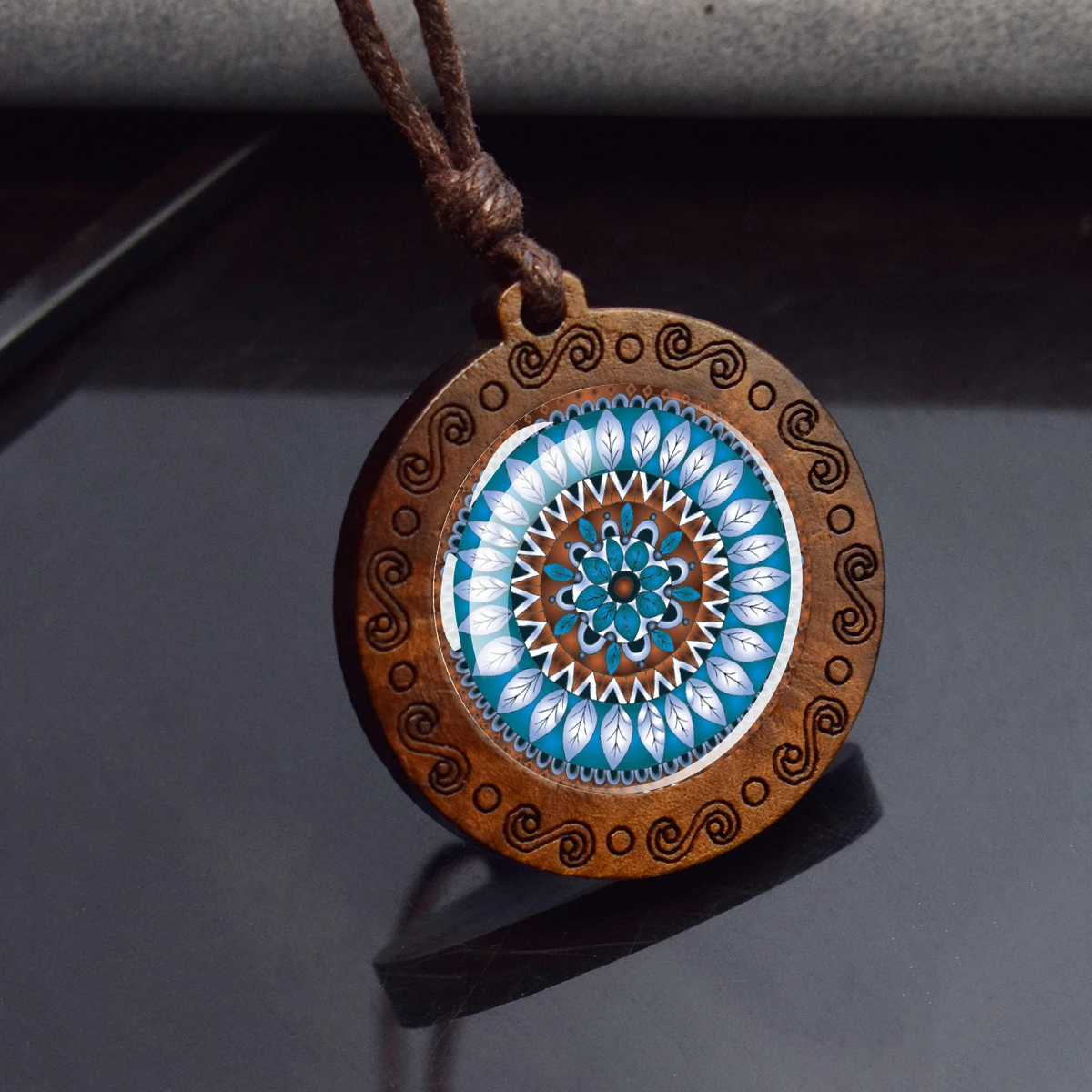 Mandala Pattern Buddhism Necklace Sacred Geometry Wood Pendant Necklace Meditation Reiki Jewelry