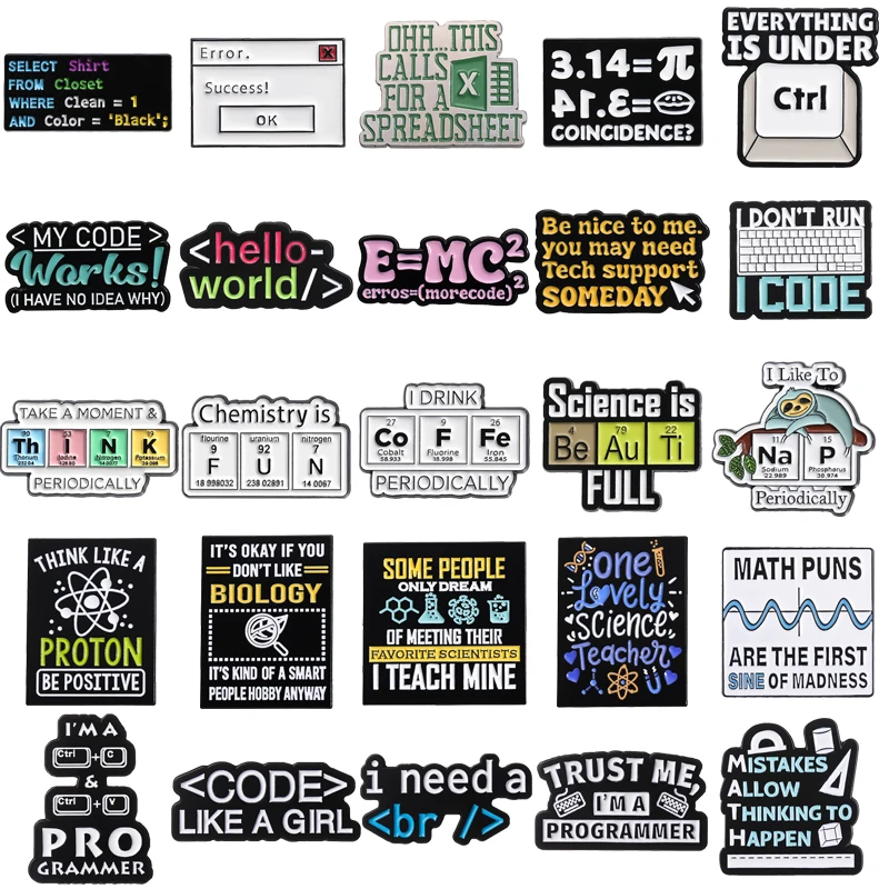 Creative Code E=MC Enamel Pins Programmer Keyboard Chemistry Periodic Table World Coffee Book Metal Brooch Badge Lapel Jewelry ﻿