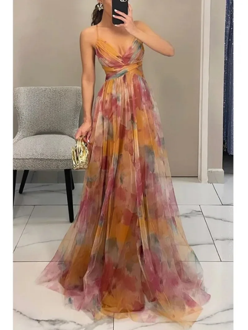 Sexy Hollow Out Party Dress, Women Summer Loungewear Fashion Printing Maxi Dress, Sleeveless Lace-Up Ladies Dress Vestido T64F