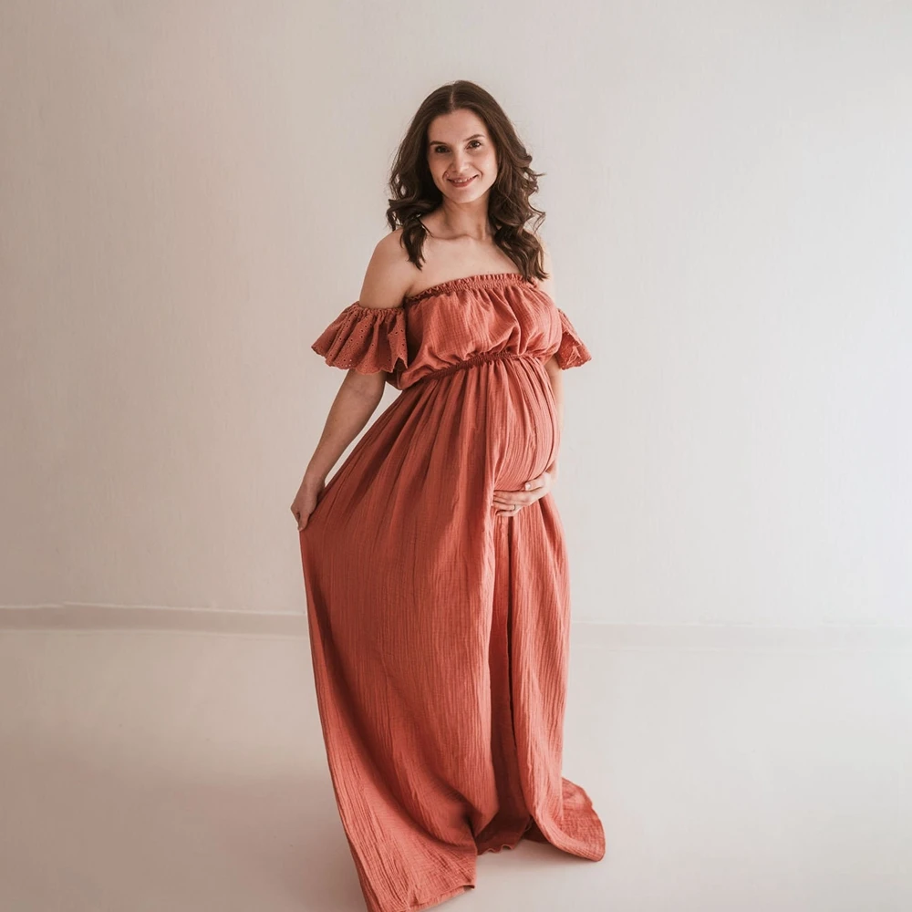 Maternity Photography Props Boho Long Gown Pregnancy Photo Shoot Outfit Linen Cotton Off-Shoulder Dress Studio Posing Clothing