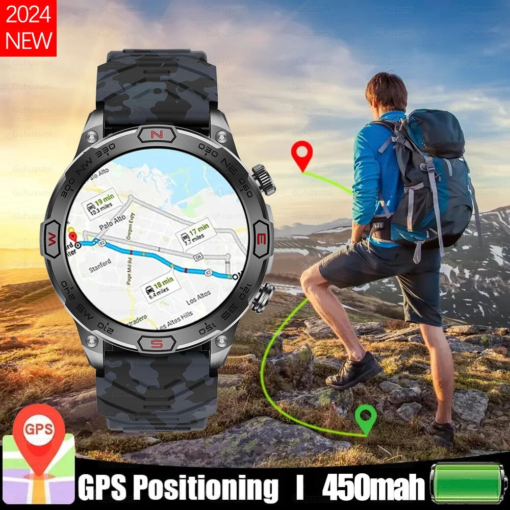 2024New 1.43\'\'HD Screen Heart Rate Watches Men Smart Watch Waterproof GPS Track Compass Altitude LED Smartwatch For IOS Android