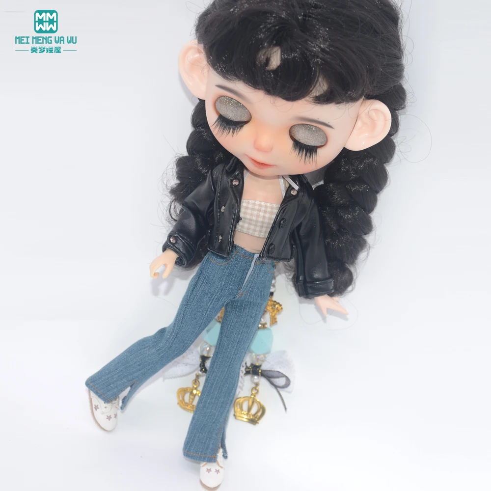 Blyth Doll Clothes 28-30cm Azone OB 24 Accessories Girls Gift Toys Fashion Leather Jacket Jeans Flared Pants Tube Top