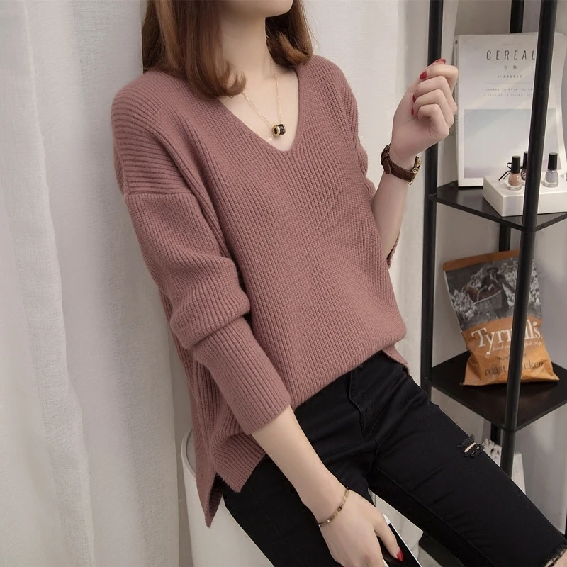 

Women Korean Fashion Simple Casual Streetwear Knitted Sweater Spring Autumn Solid V Neck Long Sleeve Loose Pullover Tops Jumper