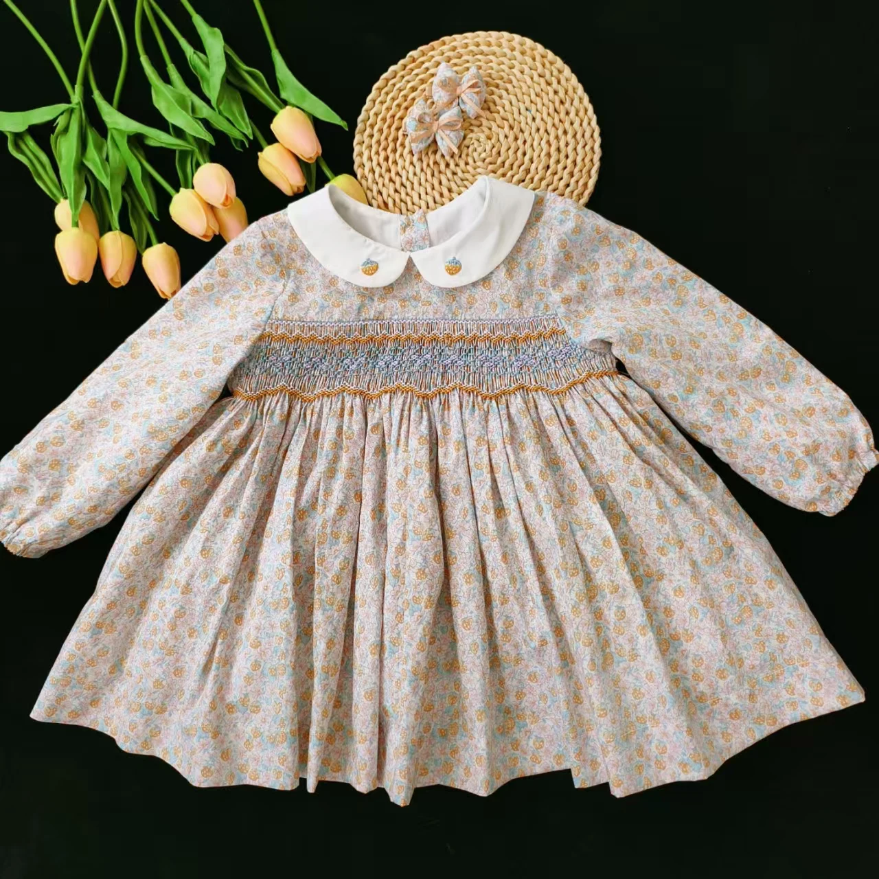 Spring Autumn Girls Handmade Embroidered Strawberry Printed Smocked Dress For Casual Party Birthday Wedding Photography