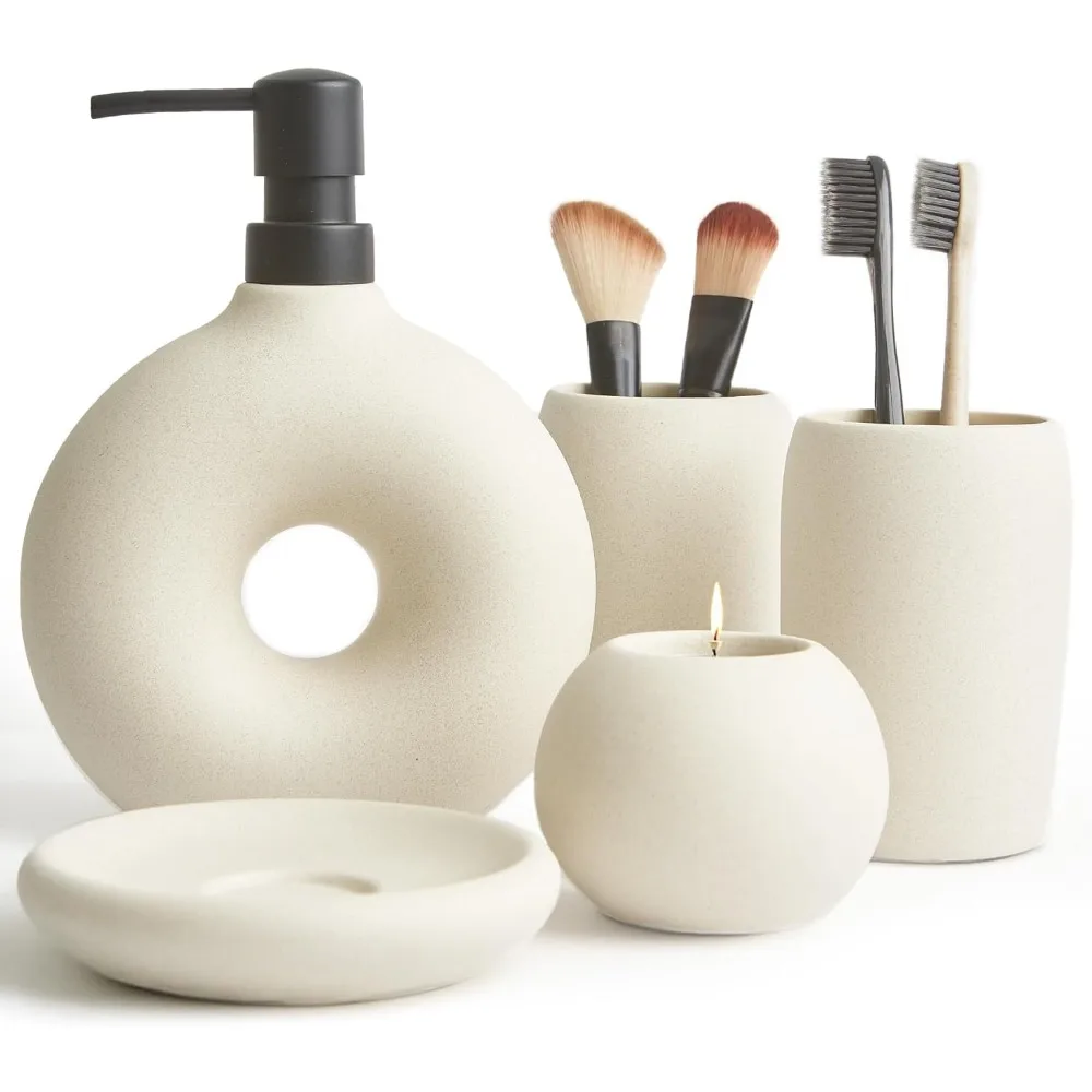

5-Piece Ceramic Bathroom Set: Soap Dispenser, Toothbrush Cup, Holder, Dish & Candle in Beige Boho Decor