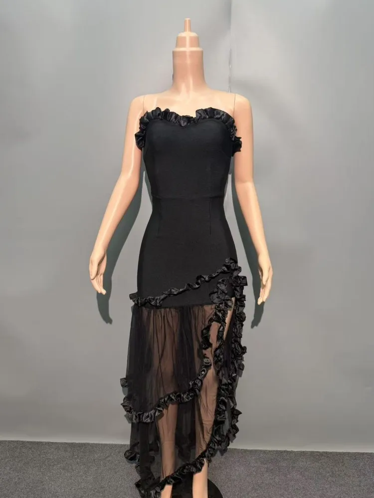 2025 frauen Promi Sexy Liebsten Rüschen Mesh Schwarz Maxi Langes Kleid Elegante Abend Party Club Vestido