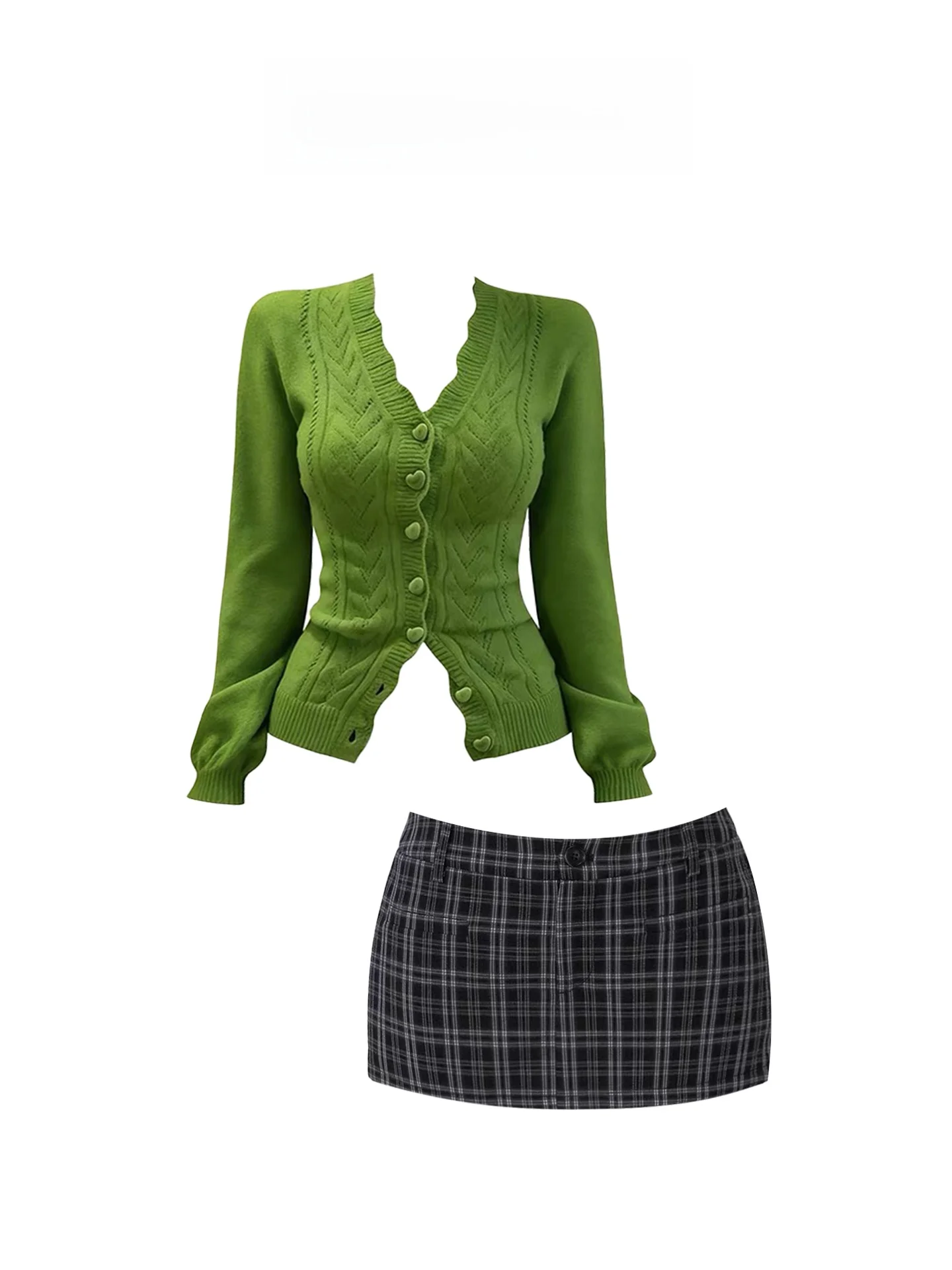 

HEZA een V-Ne Knitted Open Cardigan And Wrap Skirt Set Women's plus Size Autumn Winter Faion Outfit High Waist Plaid Skirt