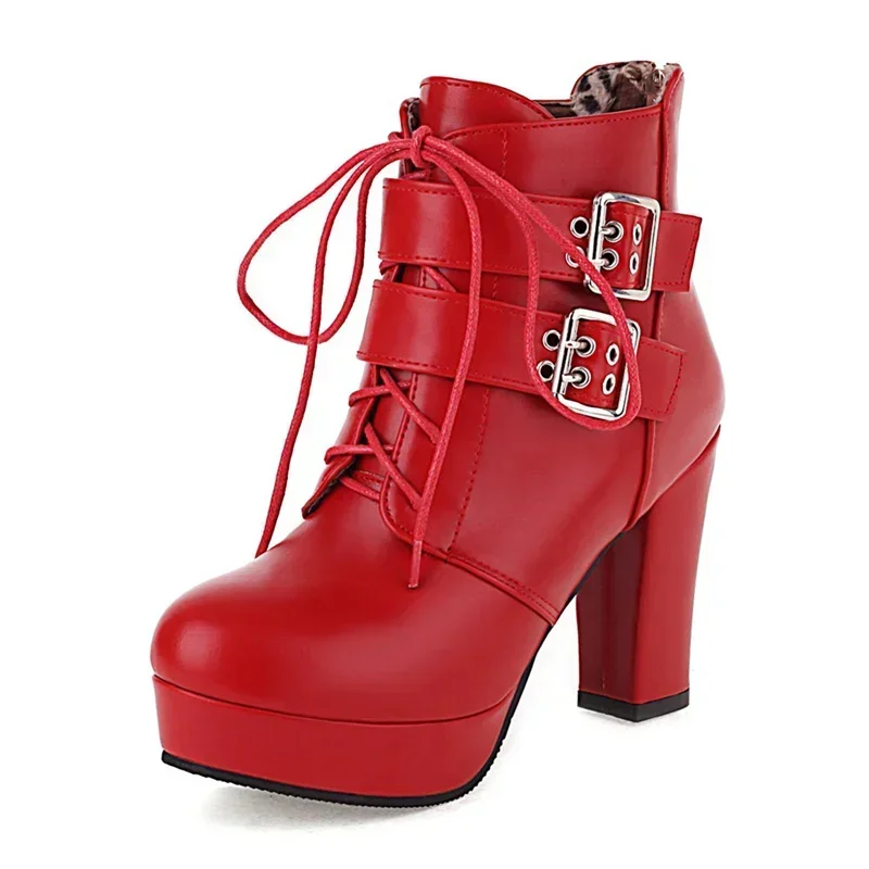 

Winter Buckle Belt Ankle Boots Women High Thick Heels Pink Red Black Party Dress Lady British Marden Zipper Platform Short Boots