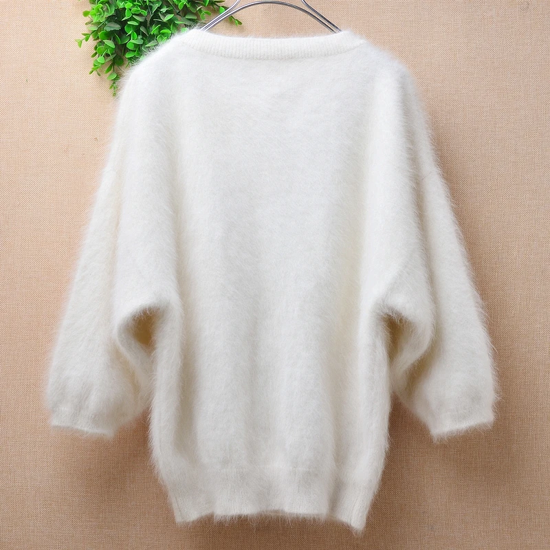 04 Ladies Women Fall Winter White Hairy Beading Angora Rabbit Hair Knitted O-Neck Three Quarter Sleeves Loose Pullover Sweater