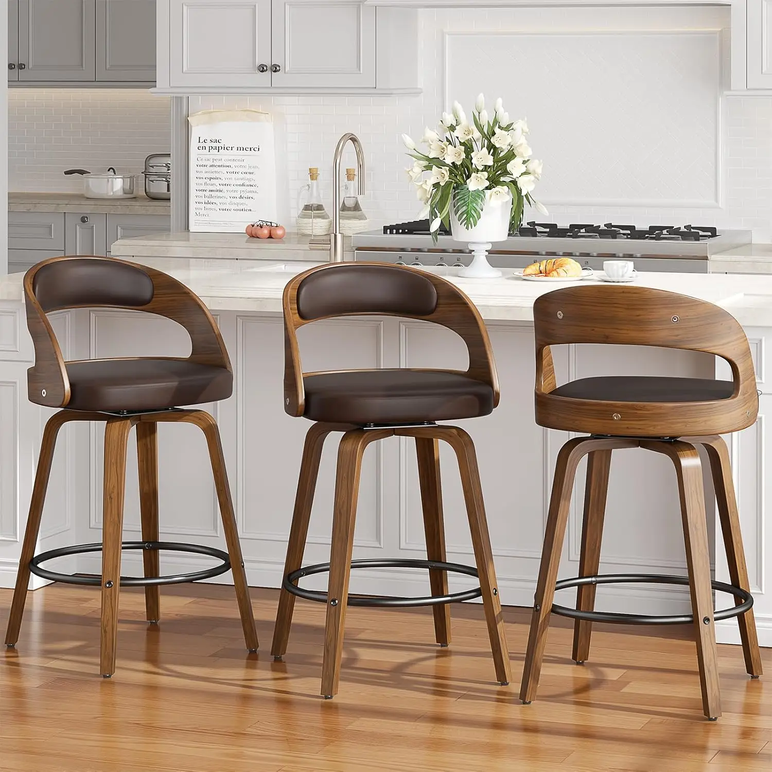 

Swivel Bar Stools Set of 3, 26" Counter Height Bentwood Barstool, Mid-Century Modern PU Leather Upholstered Bar Chair with Back