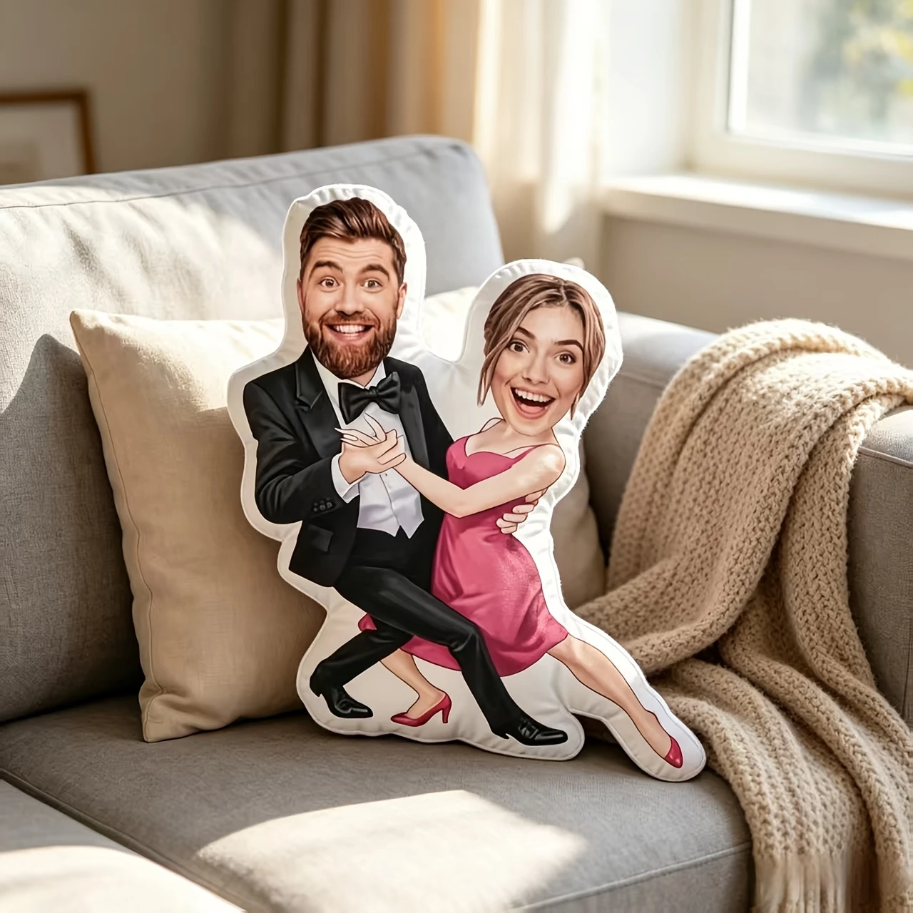 1pc Customized Throw Pillow Custom Couple Ballroom Dancing Combined Portrait Pillow, Personalized Dual Photo Cushion, Soft Fabri