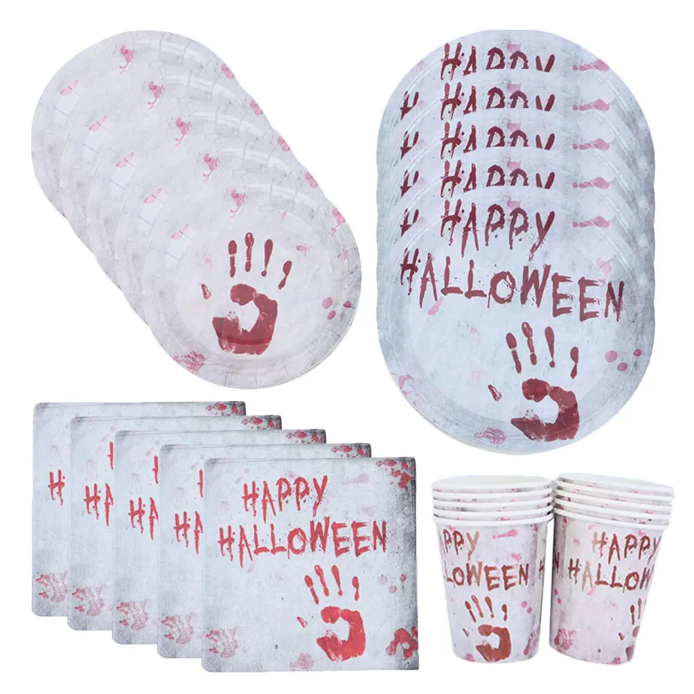 1Set Halloween Blood Handprint Disposable Tableware Kit Paper Plates Paper Cups Party Supplies Festival Napkins Dinnerware Set