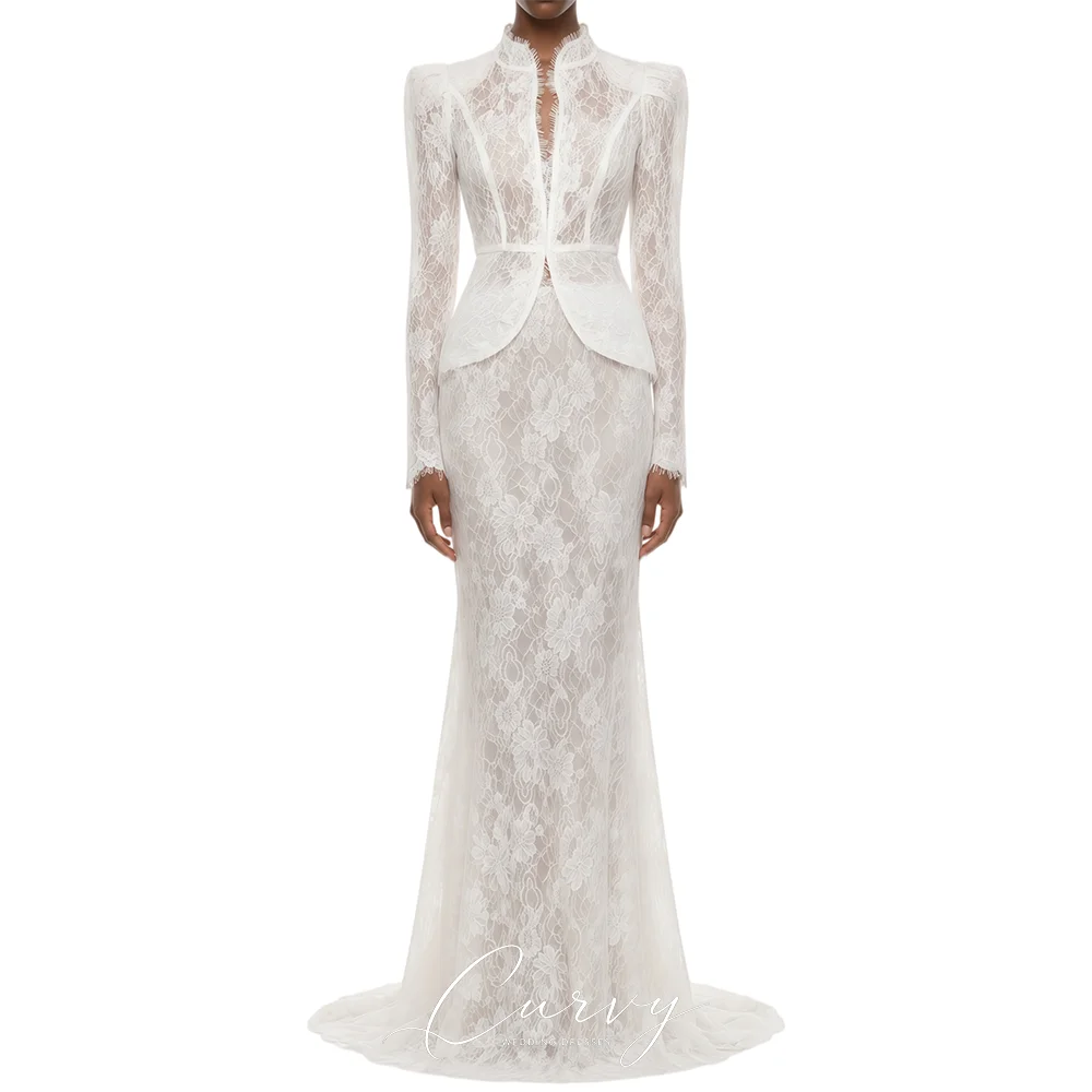 Curvy Modern Mermaid Wedding Dresses for Women Two‑Piece Long‑Sleeve Peplum Waist Floral Lace Sweep‑Train Bride Dress 2026