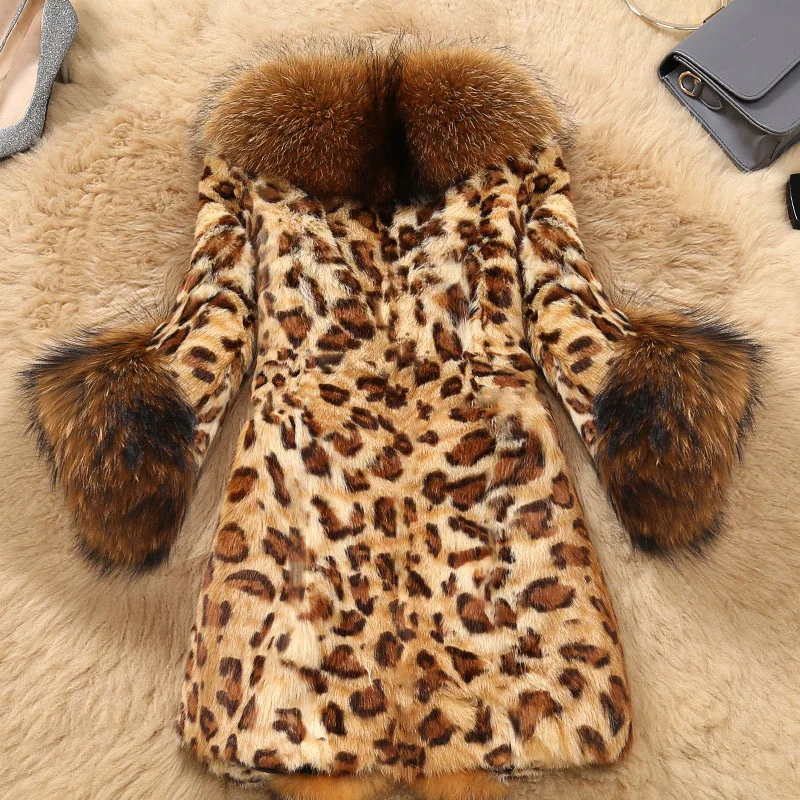 VOLALO S-6XL  Leopard Print Sexy Natural Fox Fur Coats Outerwear Women Whole Skin Fur Overcoat Jackets Raccoon Dog Fur Collar