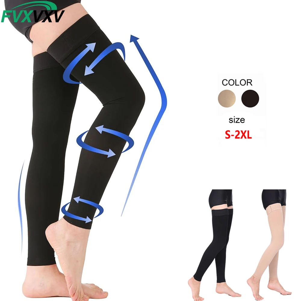 1Pair Thigh High Compression Stockings with Silicone Band,20-30mmHg Footless Support Sleeves,Compression Hoses for Varicos Veins