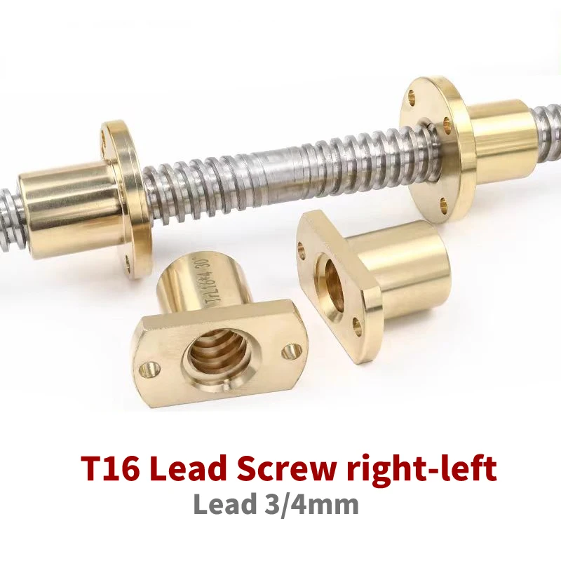 1PC 304 stainless steel T16 Lead Screw right-left length100-1000mm Lead 3/4mm with Nuts Brass H Flange Nut for 3D Printer part