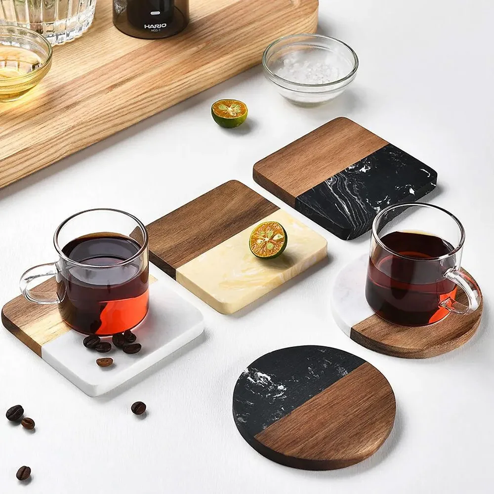 Custom Logo Marble & Wood Spliced Coaster Personalized Text Drink Mat Heat Resistant Pad for Home Kitchen Bar Cafe Table Decor