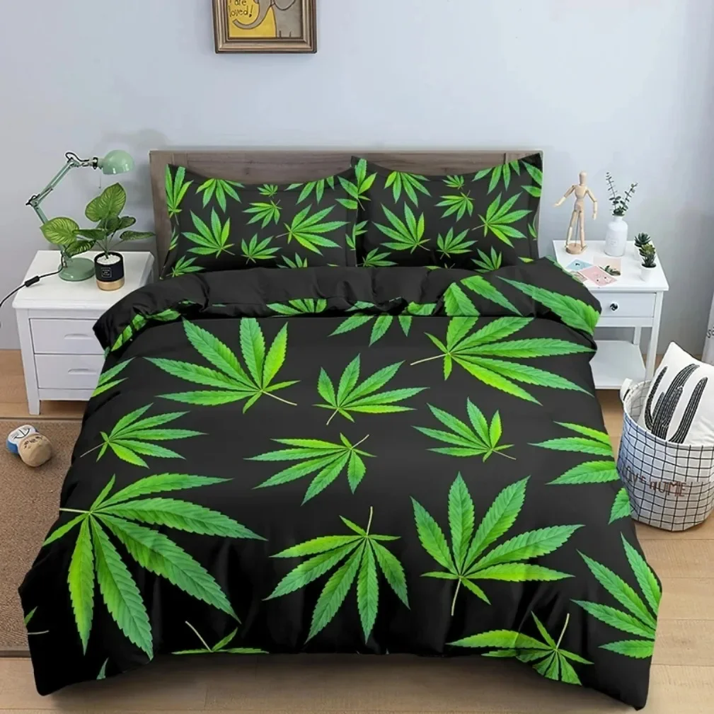 

Hemp Leaf Duvet Cover Queen King Size Bright Green Print Psychedelic Hemp Leaf Bedding Set Home Decor 3 Pcs with 2 Pillowcases