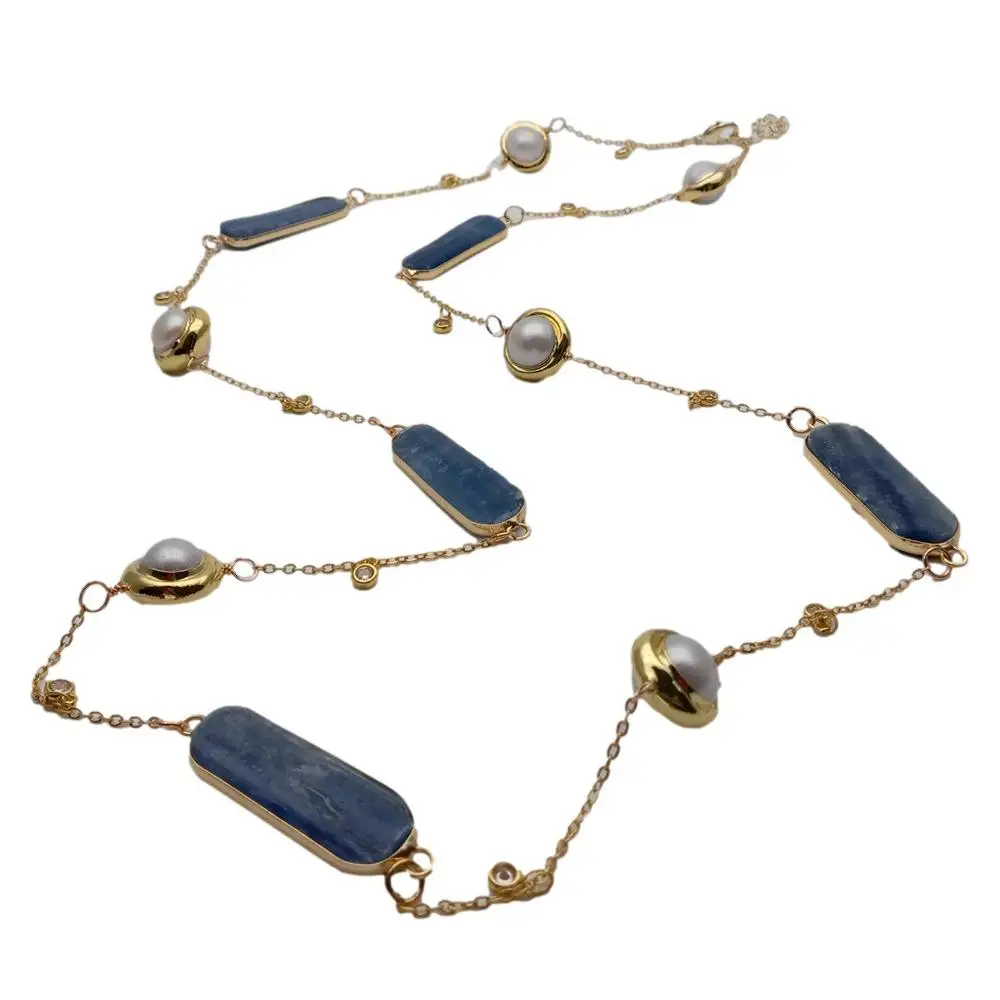 YYGEM  15mm Freshwater Cultured White Pearl Natural 12x33mm Blue Kyanite Connector Chain Long Necklace 18