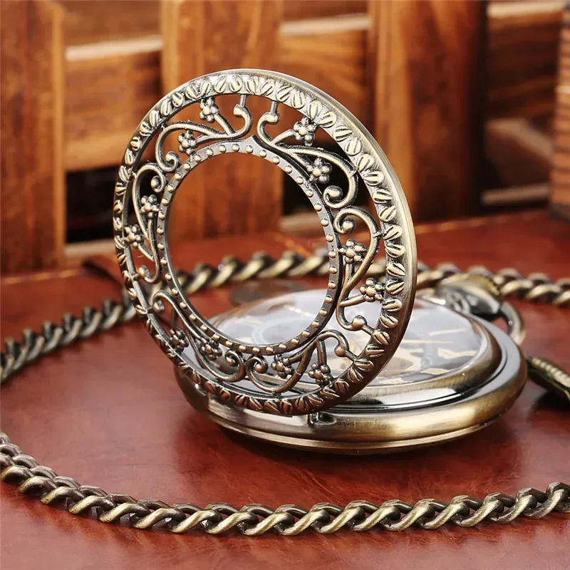 Bronze Style Hollow Out Flower Case Men Women Handwinding Mechanical Pocket Watch Roman Number Clock with Fob Pendant Chain