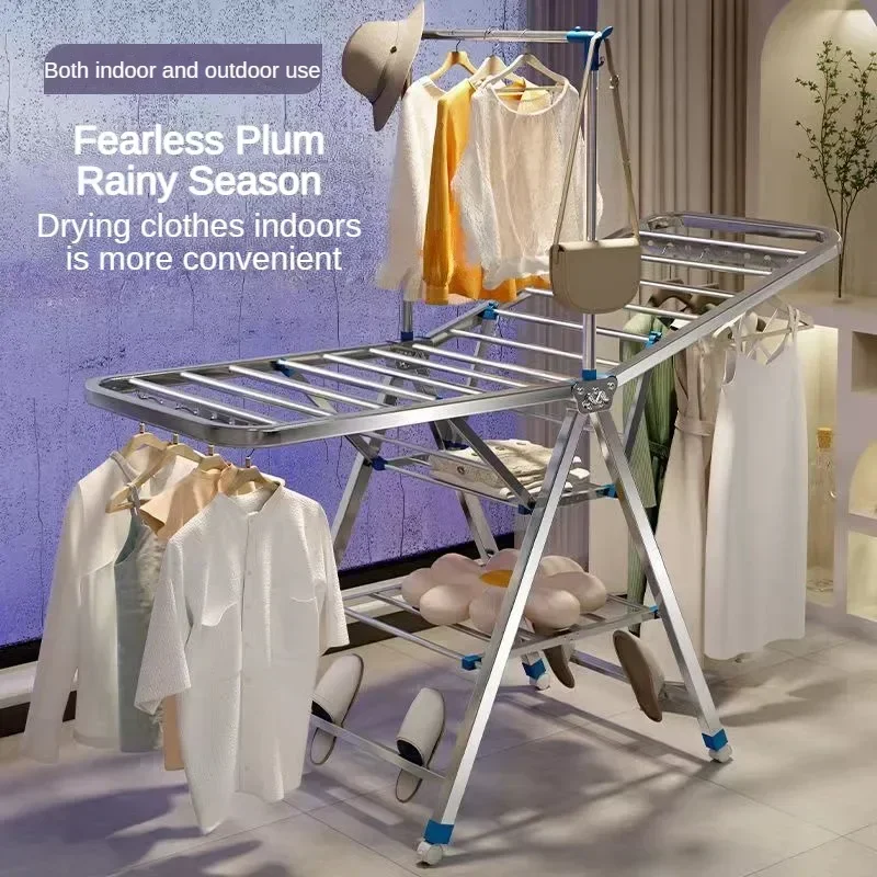 Folding Clothes Drying Rack, Large Capacity Laundry Drying Rack, Adjustable Stainless Steel Clothes Rack Movable Laundry Dryer