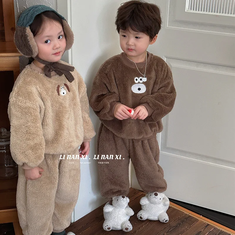 2024 Autumn Winter Children Home Clothing Cute Bear Long Sleeves Top Solid Pants Warm Girls Clothes Boys Casual Two Piece Set