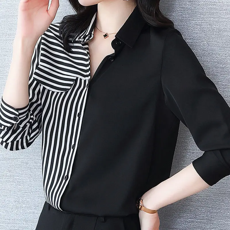 Fashion Printed Striped Spliced Long Sleeve Oversized Button Shirt 2022 Autumn New Casual Tops Loose Elegant Office Lady Blouse