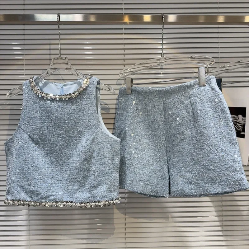 2024 Summer New Arrival Sleeveless Silver Sequins Embroidered Beadings Vest Tweed Shorts Two Piece Set Outfits Gr649