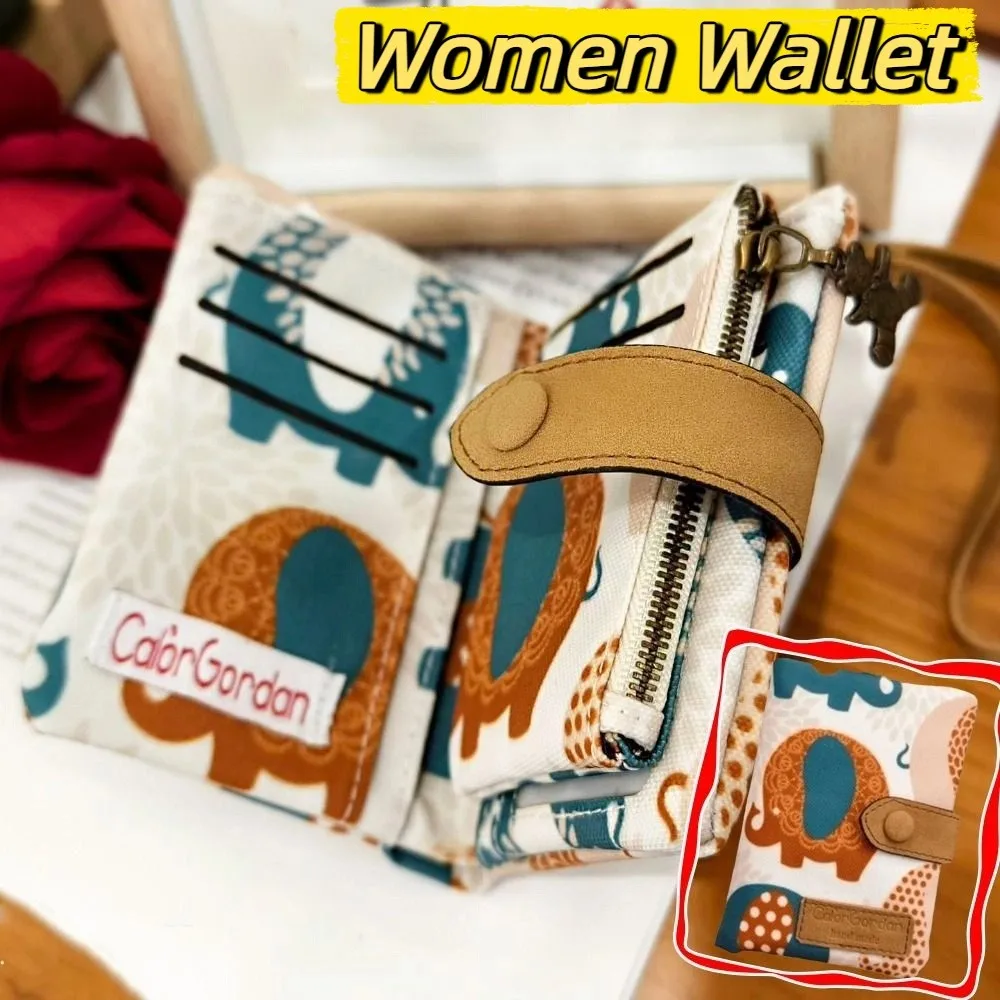 Casual Korean Style Canvas Wallet Elephant Flower Printed Card Bag Purse Floral Coin Pouch Travel
