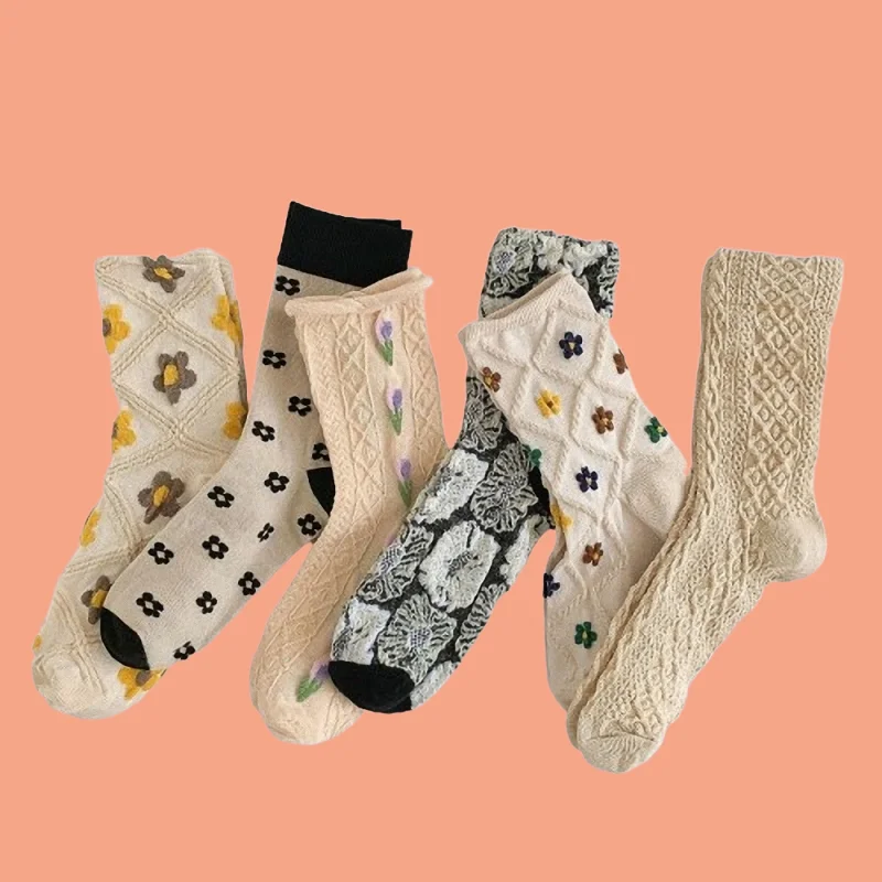 

3/6 Pairs Flower Socks For Women Small Flower Middle Tube Socks New College Style Soft Girl Casual Long Socks Women Sports Socks