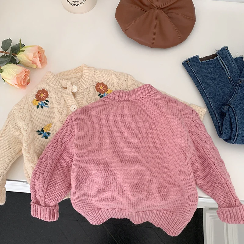 Autumn Toddler Girls Flowers Embroider Cardigan Coat Kids Clothing Spring Baby Girl Printing Twist Knitted Sweater Children Tops