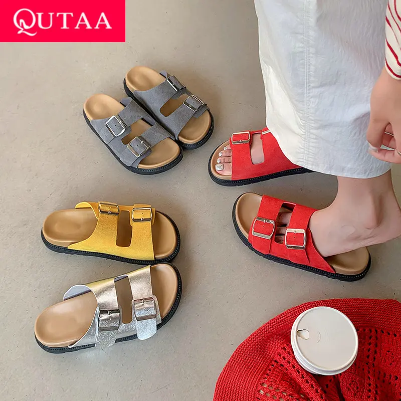 

QUTAA 2025 Fashion Women Slippers Sandals Flats Shoes Leather Slingbacks Round Toe Party Wedding Shoes Office Size 34-40