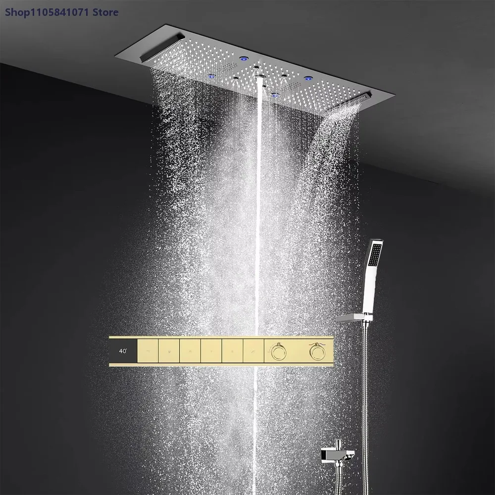 Modern Mirror Design Rain Shower Set Diverter 900x300mm Bluetooth Music LED Shower Head Thermostatic Bathroom System