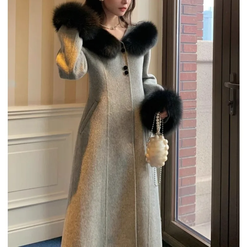 الكورية هيبورن كسول مزاجه معطف صوفي طويل جو الرجعية فضفاضة ورقيقة معطف الصوف المرأة #5