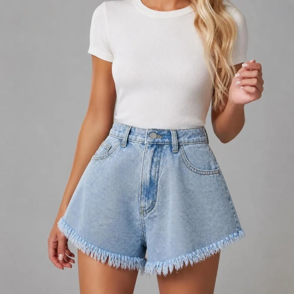 Fashion High Waist Fringe Denim Shorts Flared Loose Fit Frayed Jean Shorts Breathable Solid Color Women Cutoff Shorts Daily Wear