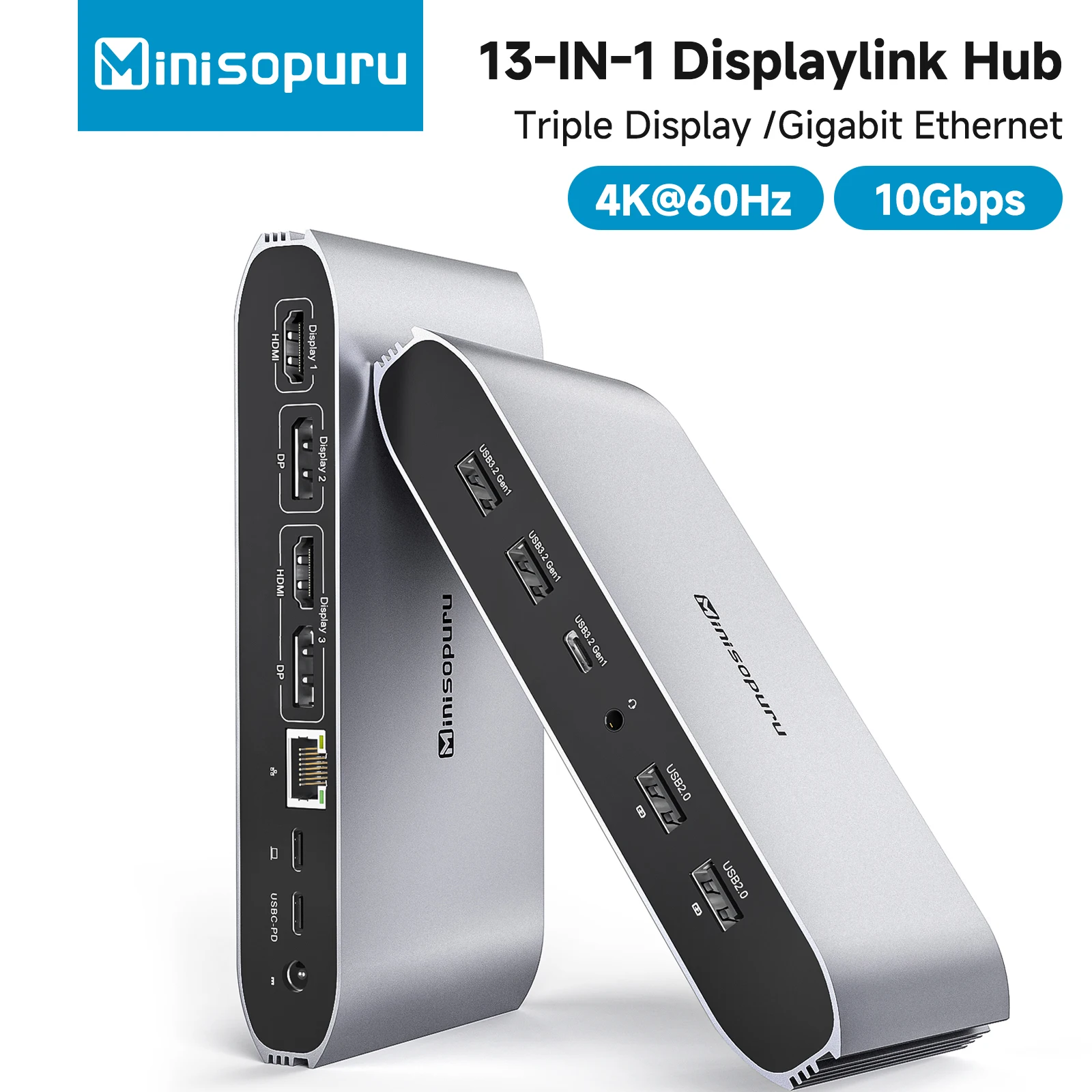 

Док-станция Minisopuru Displaylink с тройным дисплеем для MacBook M1 M2 M3 M4 Windows с двумя HDMI 4K DisplayPort PD RJ45 USB-концентратором
