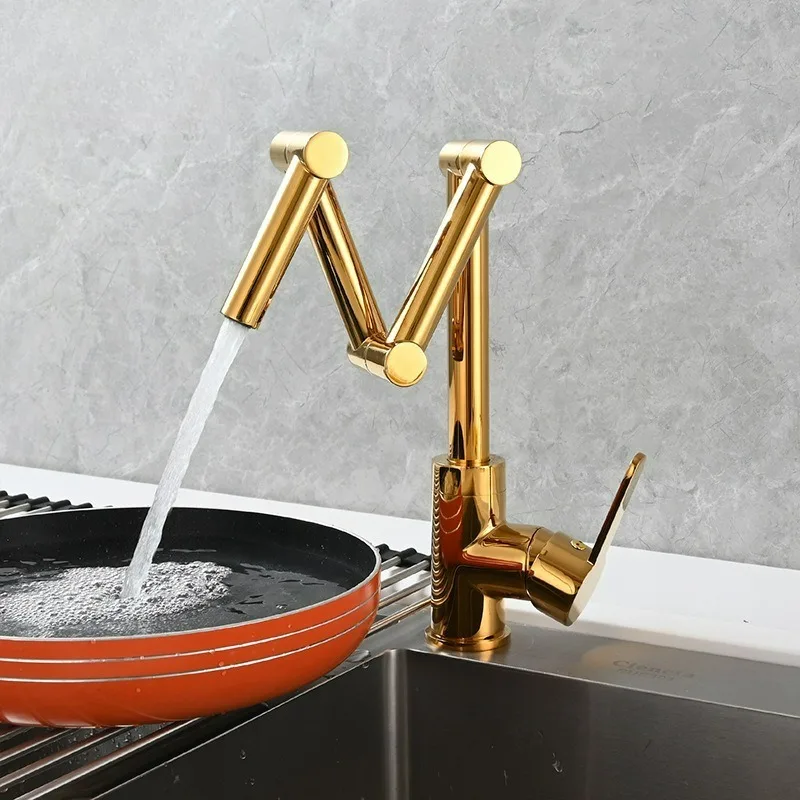 Brushed Gold Foldable Kitchen Faucet Triple Joint Swing Hot and Cold Gold Sink Faucet Tap Mixer Brass Deck Mounted