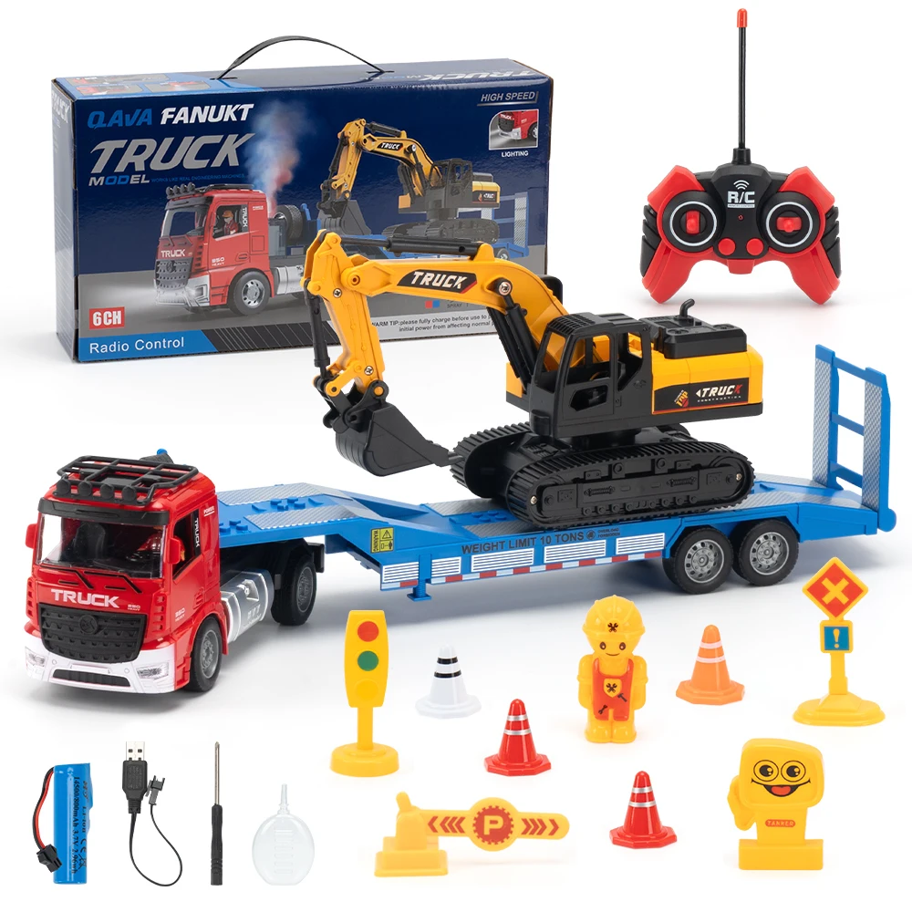 

New Remote Control Flatbed Truck, Rc Car with Inertial Excavator, Detachable Engineering Vehicle with Light, Best Gift for Kids