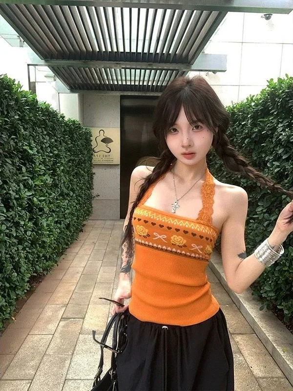 

Женский вязаный жилет в американском стиле, новинка лета, оранжевый свитер без рукавов с цветочным узором, топ на бретельках