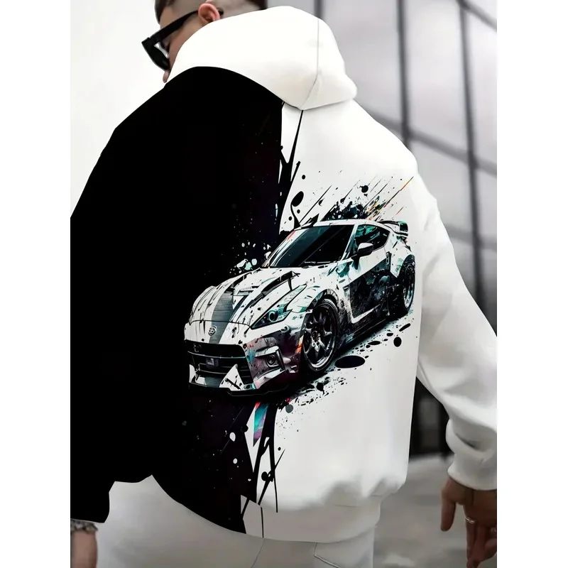 Men Contrast Black White Spliced Hoodie Ink Splash Sports Racing Car Graphic Drawstring Loose Streetwear Sweatshirt