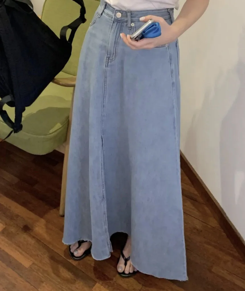 กระโปรงทรงเอเอวสูงสไตล์เรโทร ผ้ายีนส์ทรงยาว ผู้หญิง กระชับสัดส่วน ทรงยาว แฟชั่นเกาหลี ผ้าฝ้าย ใส่สบาย เหมาะกับการเดินทาง