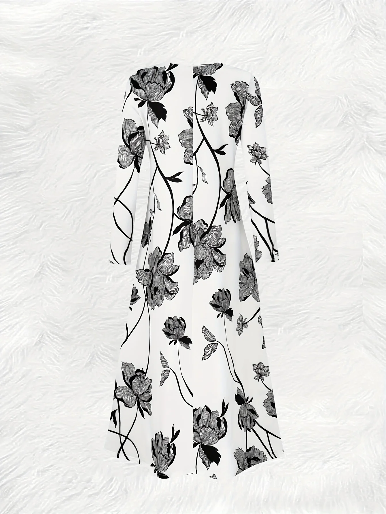 Printed Design Casual Style Black Floral Vine Print Dress Women's Long Sleeve Dress