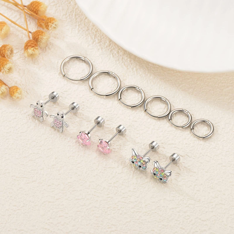 A set of 6 pairs of earrings, flat back square zircon cat turtle, stainless steel pink, suitable for children and teenagers, spi
