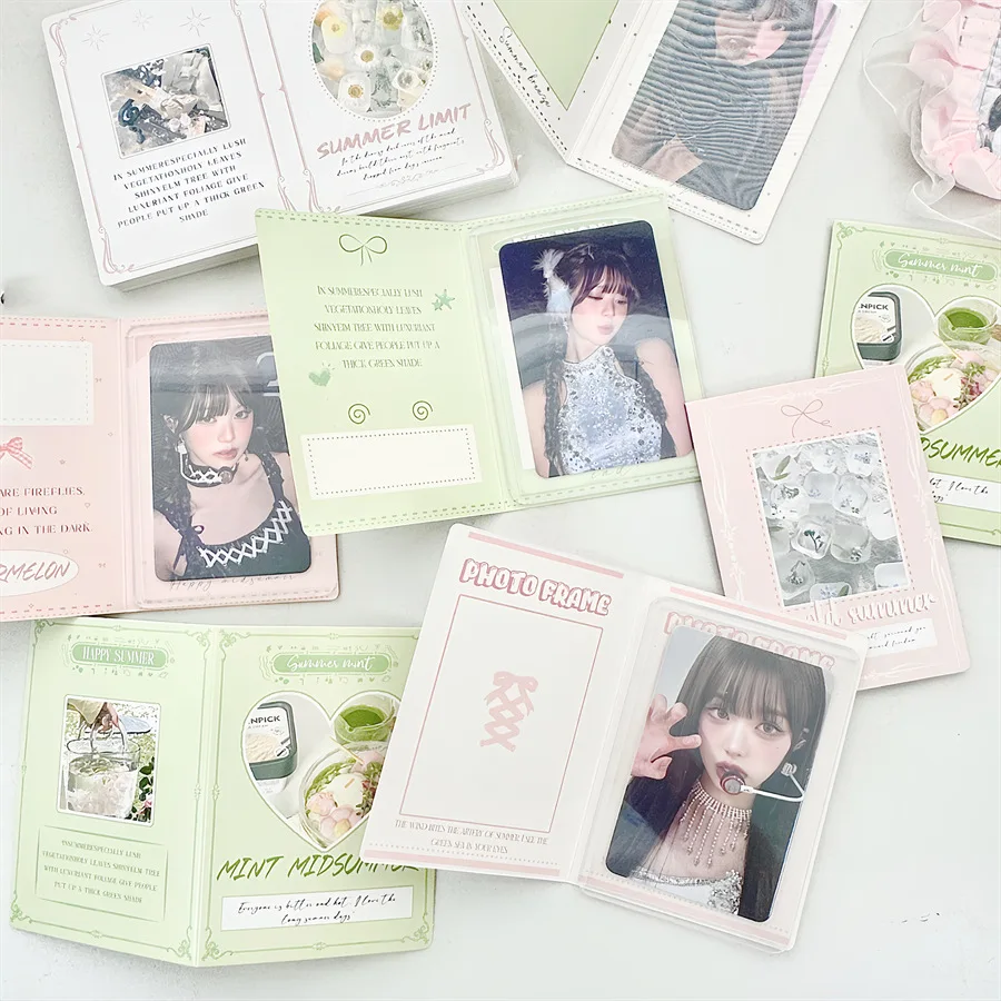 10Pcs INS Spring/Summer Pink Green Mini Folding Back Card Small Fresh Korean Kpop 3-Inch Photo Card Packing Deco Cute Packaging