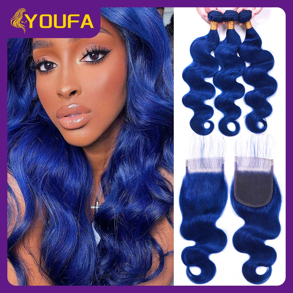 

Solid Blue Body Wave Human Hair Bundles With Closure Pre Plucked Loose Wavy Style Navy Blue Color Hair Bundles With 4x4 Closure